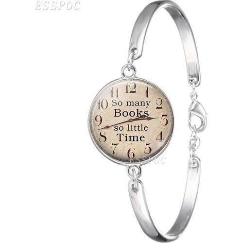 Handmade Glass Dome Cabochon Bracelet Silver Plated Art Charms Clock Bangle for Women Jewelry - So Many Books, So Little Time