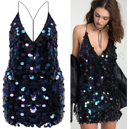 European and American fashion womens sequined blackless dress sexy sling deep V-neck package hip short dress black/silver