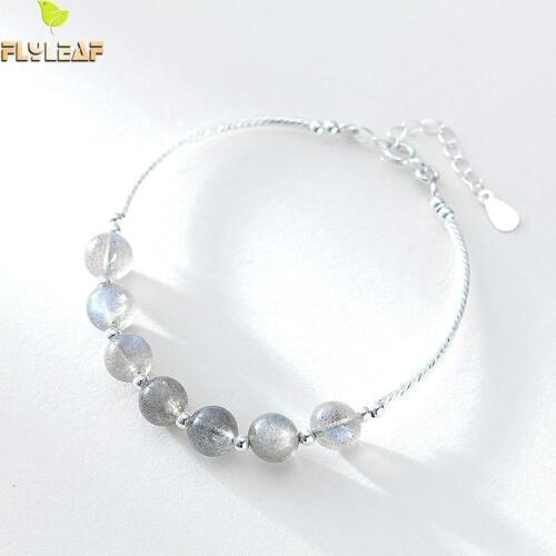 Flyleaf 100% 925 Sterling Silver Natural Stone Moonstone Bead Bracelets For Women Fashion Party Jewelry