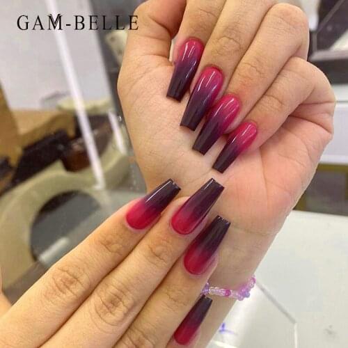 GAM-BELLE 24Pcs Gradient Natural Press On Nails Coffin French False Nails Long Ballerina Full Cover Artificial False Nails