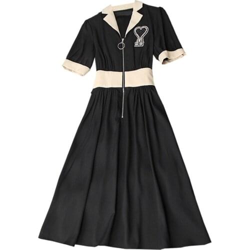 Summer Womens Dress 2021 New Suit Collar Rhinestone Appliques Patchwork Elastic Waist Black Acetate Dress Over The Knees S-XL