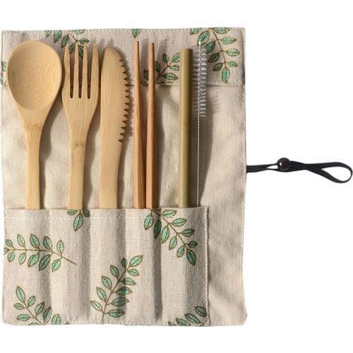 Reusable elegant vintage wooden bamboo tableware cutlery bag tableware spoon fork chopsticks 7 piece set portable cutlery set