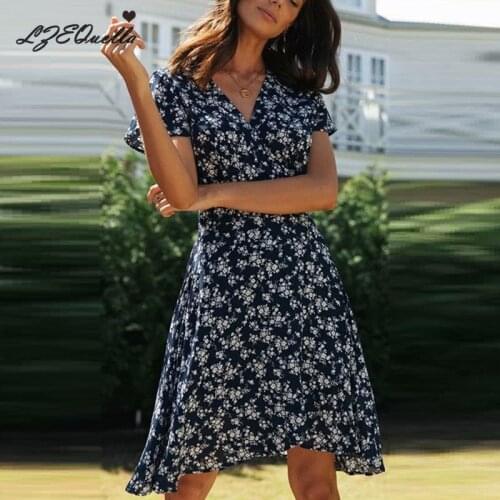 Floral Print A Line Mini Boho Dress Women Short Sleeve V Neck Dresses Holiday High Waist Ruffles Pleated Party Vestidos NZ3555