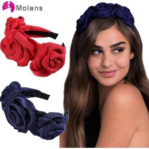 MOLANS Triple Rosette Faille Headband New Winter Rose Flower Bow-knot Wide Headband Solid Silk Flower Crown Hair Hoop for Women