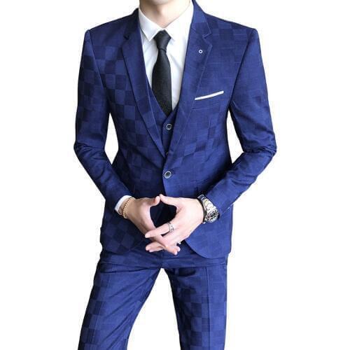 Slim Fit Banquet Men Suits Elegant Grid 3 Piece Set Business Formal Suit Jacket Vest Pant Wedding Tuxedo Terno Masculino Suits