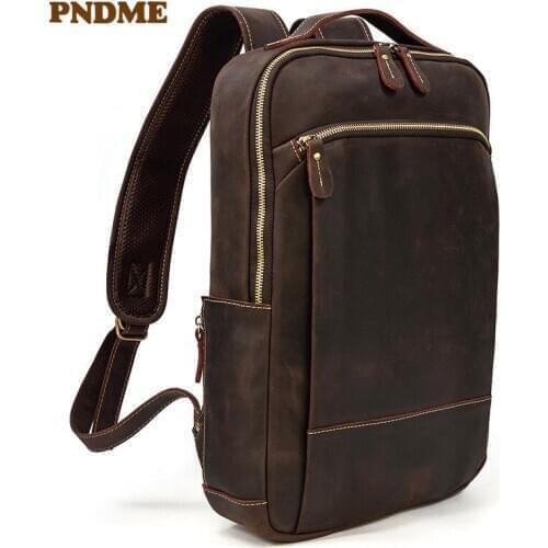 Simple vintage crazy horse cowhide mens backpack outdoor travel natural genuine leather bookbag student 15-inch laptop bagpack