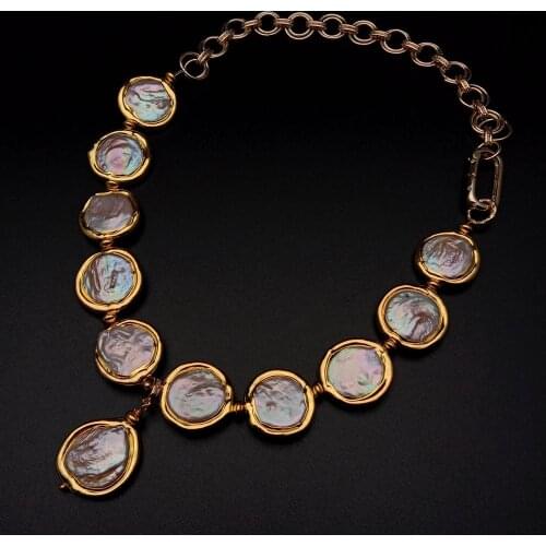 YYGEM luxury Natural 21mm Cultured Freshwater Pink Coin Keshi Pearl Pendant Gold Plated Chain Necklace 18"