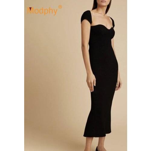 Sexy Womens Square Collar Short Sleeve Pure Color Knit Midi Dress 2020 Autumn New Bodycon Celebrity Club Party Dress Vestidos