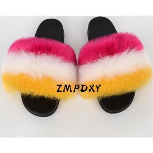 Womens Faux Raccoon Fur Slippers Ladies Fake Fur Slides Indoor Furry Plush Shoes Woman Fur Flip Flops Female Fluffy Sandals Hot