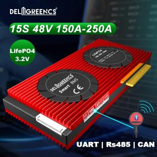 Smart BMS 15S BMS 150A 200A 250A with Bluetooth UART 485 CAN for 58.8V LifePO4 Battery Pack UART CAN for EV Ebike Power storage