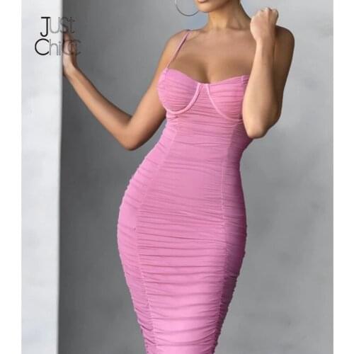 Justchicc Ruched Sexy Bodycon Dress Women V Neck Party Night Club Elegant Dresses Pleated Summer Midi Dresses Solid Vestidos