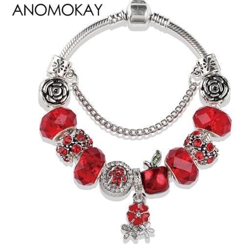 European & American Trendy Red Christmas Apple Flower Charm Bracelet & Bangle Red Crystal Bead Bracelet Jewelry for Xmas Gift