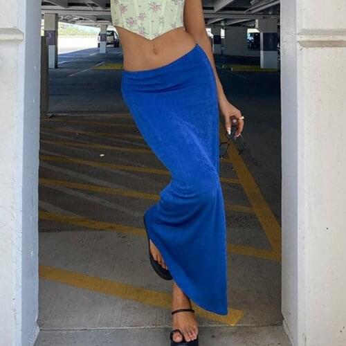 Y2K Vintage Bodycon Midi Skirt High Waist Skinny Women Caual Blue Green Pencil Skirts Elegant Lady Fashion Streetwear Summer