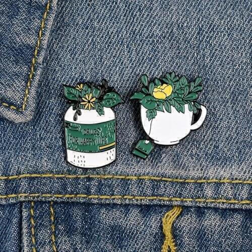 Happy Life High Quality Oil Dripping Teacup Potted Green Plant Dress Brooch Shirt Lapel Enamel Pins For Men And Women Badge Gift