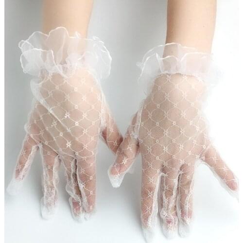 Women White Color Sexy Lace Short Bride Gloves Wedding Style Summer Cute Breathable Grid Waist Gloves Mittens