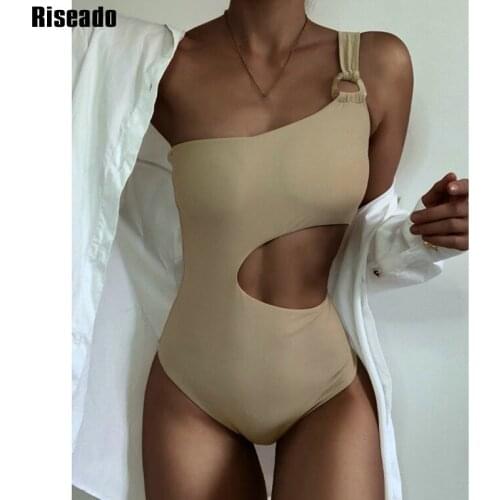 Riseado One Shoulder One Piece Swimsuit Cut Out Monokini Ring Swimwear Women Solid Bathing Suit Sexy Bodysuit Summer Beachwear