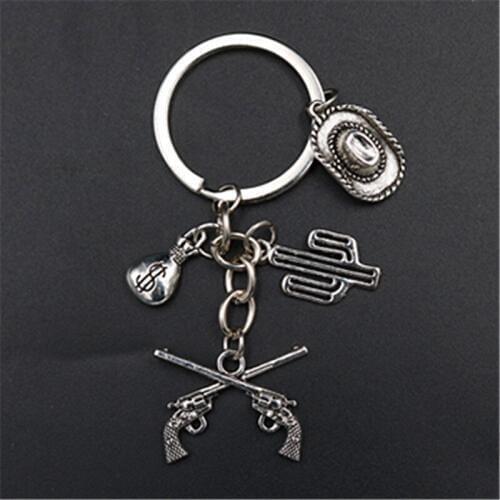 WKOUD 1pc pistol cowboy hat bounty cactus alloy pendant creative western bounty hunter DIY handmade metal keychain A1540