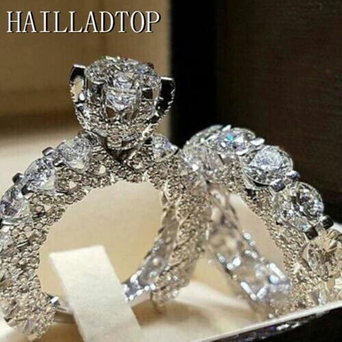 2Pcs/Set Wedding Lady Jewelry Ring AAA Crystal Zircon Classic Engagement Party Women Finger Rings Side Exquisite Carving Gift