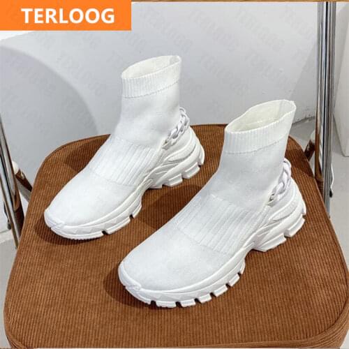 2021 New Autumn Winter Sport Wedges Warm Shoes Casual Goth Ankle Stretch Boots Women Designer Knitting Chain Platform Shoes