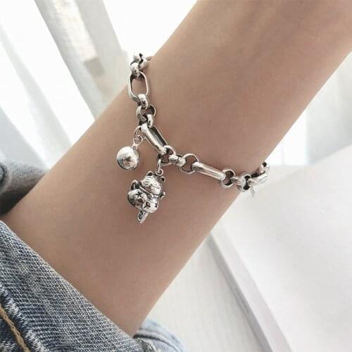S925 Sterling Silver Bracelet for Women Korean Lucky Cat Bracelet Student Retro Jewelry Wholesale