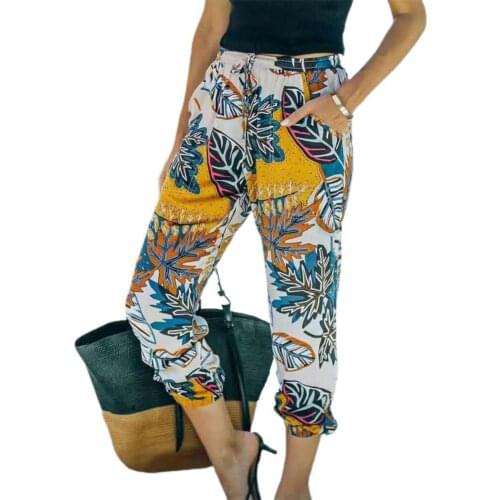 Casual Women Pants Leaf Print Drawstring Subtropical Style Ankle Tied Elastic Waist Side Pockets Trousers Beachwear Green xxxl