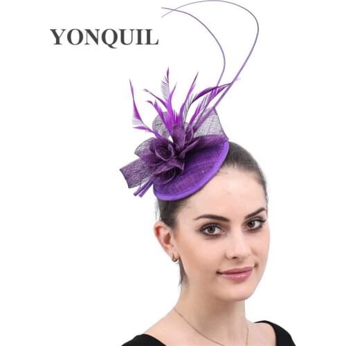 Lady Purple Headwear Sinamay Fascinator Hats Women Handmade Floral Church Hats Cocktail Hat For Evening Party Wedding Headdress
