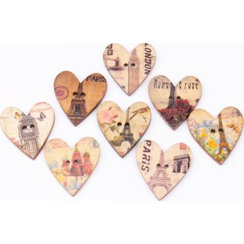 Wooden Love Heart Shape Tower Pattern Buttons 2 Holes Handmade Sewing Clothing Scrapbooking Crafts DIY 25x28mm 30pcs