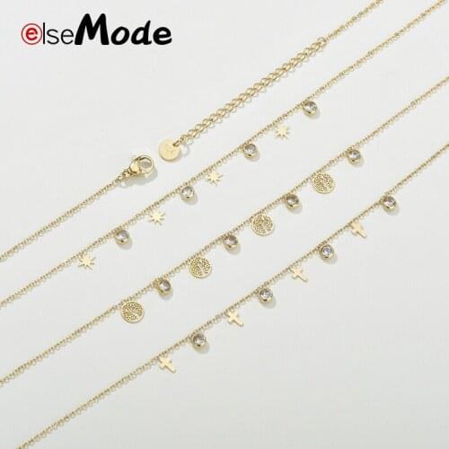 ELSEMODE Shining Crystal Heart Cross Tree Charms Necklaces Gold Stainless Steel Wedding Jeweklry for Engagement Gifts