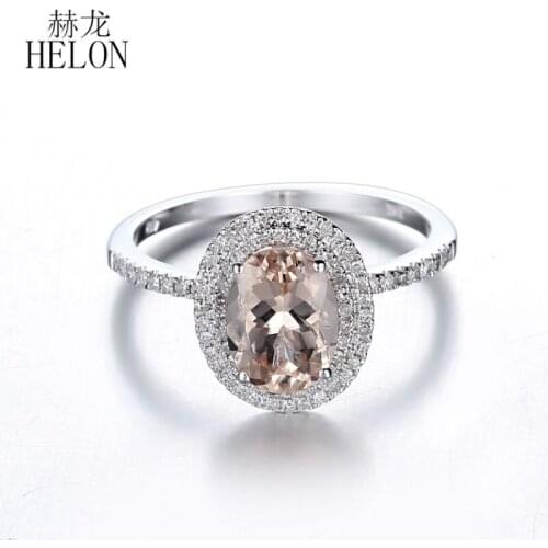 HELON Solid 14K White Gold Flawless Oval 5x7mm Genuine Morganite Diamonds Ring Women Engagement Romantic Gift Fine Jewelry