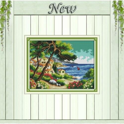 Seaside village scenery painting Counted print on the canvas DMC 14CT 11CT Cross Stitch Needlework kit,Embroidery Set House wall