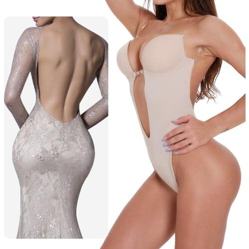Waist trainer shaper Body tummy Shaper Shapewear Faja women Deep V Bodysuit Clear Strap Backless Plunge Thong Push Up padded Bra