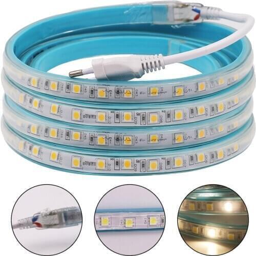 AC220V LED Strip Light SMD5050 60Leds/m Flexible LED Tape Waterproof Horse Race LED Stripe Ribbon with EU Plug