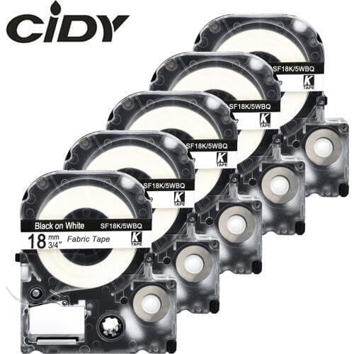 CIDY 5pcs 18mm*4m black on white Fabric Iron-on label tape SF18K/5WBQ LTC18-8 for kingjim/epson label printer LW300 LW400