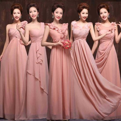 Bridesmaid Dress 2016 New Arrival The Bride Married Wedding Party Dress Sweet Pink Chiffon Floor Length Dinner Prom Dress Custom