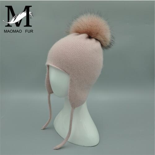 Kids Hat Children Cute Warm Beanies Protect The Ears Hats Winter Autumn Boys Girls Angora Knit Baby Hat Real Fur Ball Unisex Cap