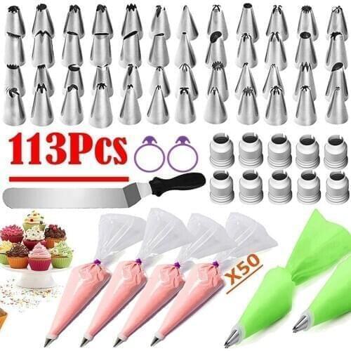 Transhome Cake Decorating Tools Sets 113pcs/set Stainless Icing Piping Tips Silicone Rose Cream Bag DIY Baking Tools For Cakes