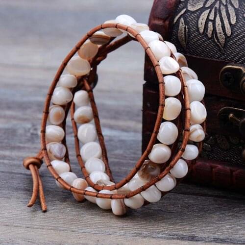 Unique Natural Random Shape Shell Beads Leather Wrap Bracelet Multi Layered Beads Bracelet Natural Stone Bracelet Jewelry