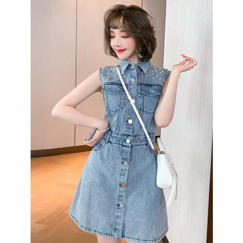 Top Quality Retro diamond Lapel single breasted denim dress new for summer