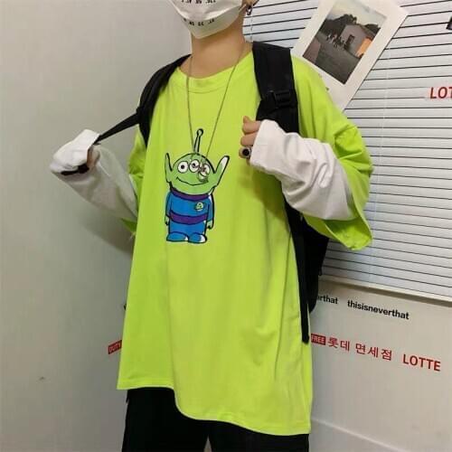 2020 Korean 90s Women Harajuku Summer Fake 2 Pieces Anime T-shirts Kawaii Alien 3 Eyes Print Good Quality Tops Tee