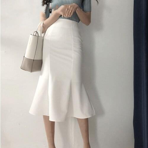 Skirts Summer New Chic Temperament Elegant Slim White High Waist Mermaid Skirt Women Office Lady Ruffles Wrap Hip Faldas