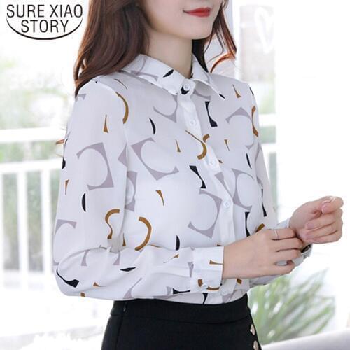 2021 Autumn New Long Sleeve Chiffon Women Shirts Print Temperament Korean Button Women Blouses Slim Fashion Women Tops 6747 50