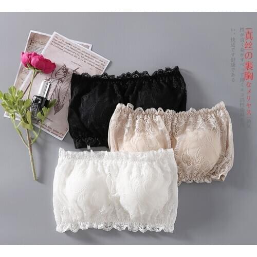 Womens 100% Real Silk Lace Removable Padded Strapless Bandeau Bra Bralette Tube Top Removable Pads 3084