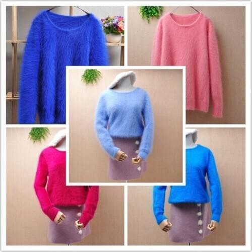 Ladies women fashion hairy mink cashmere knitted o-neck long sleeved slim pullover angora rabbit fur winter jumper sweater tops