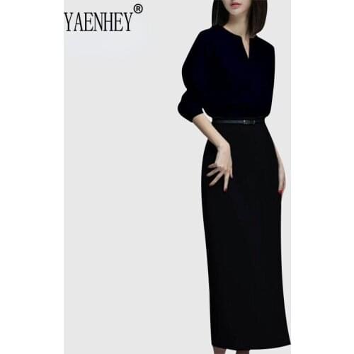 Ladies Black Color Elegant Sexy V-neck Spring Dress High Fashion Female Dress Black Dress Autumn