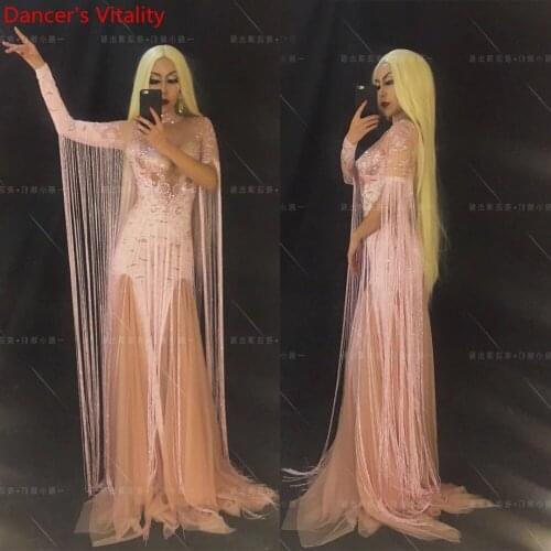 Elegant Long Tassel False Perspective Long Sleeves Rhinestone Pink Sheer Dress Women Singer DJ Pole Dance Performance Costume