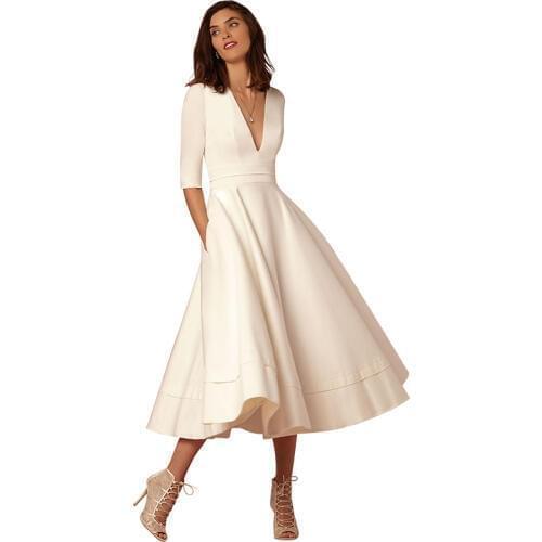 COLDKER women summer dress solid pattern v neck half sleeves cloth for female woman cloth plus size formal dress