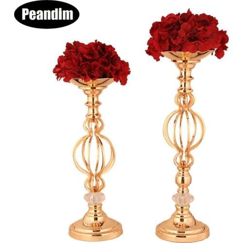 PEANDIM Gold Metal Candle Holder Flower Vase Stands Wedding Road Lead Candelabra Table Centerpiece For Home Party Decoration