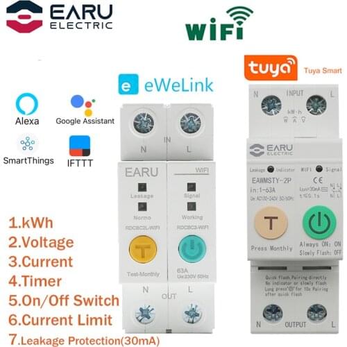 2P WIFI Circuit Breaker Energy Power kWh Meter Time Timer Switch Relay Voltmeter Current Leakage Protection RCCB RCBO Limitter