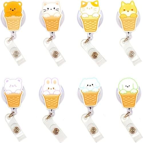 Lovely Ice Cream Animals Acrylic Retractable Badge Reel Nurse Doctor Student Exhibition ID Card Clips Badge Holder Stationery