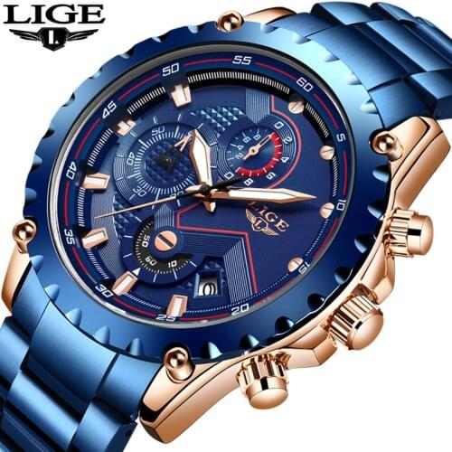 LIGE 2020 Creative Design Watches Men Luxury Quartz Wristwatch with Stainless Steel Chronograph Sport Watch Male Clock Relojes